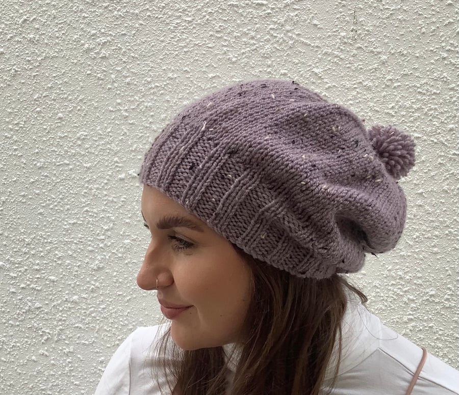 SLOUCH HAT  with pom-pom .'Delphine' . Wool blend .Dusky lilac .Tweed.