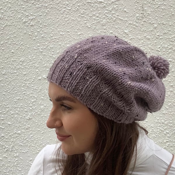 SLOUCH HAT  with pom-pom .'Delphine' . Wool blend .Dusky lilac .Tweed.