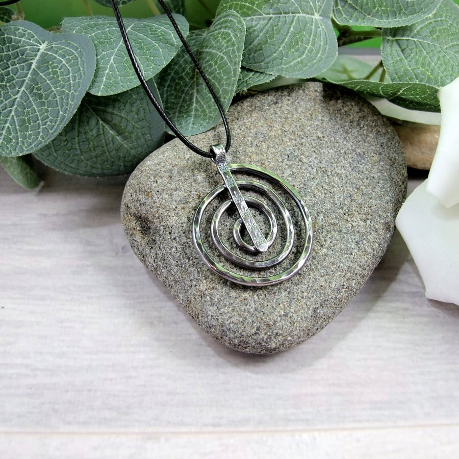 Recycled Silver Large Spiral Necklace on Waxed Cord