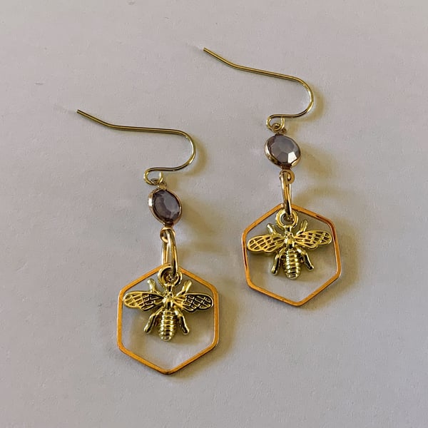 Hexagon Earrings with Bumble Bee Charm