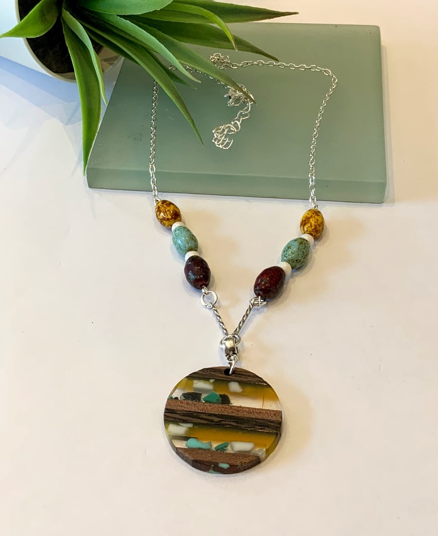 Resin and Walnut Pendant Necklace.