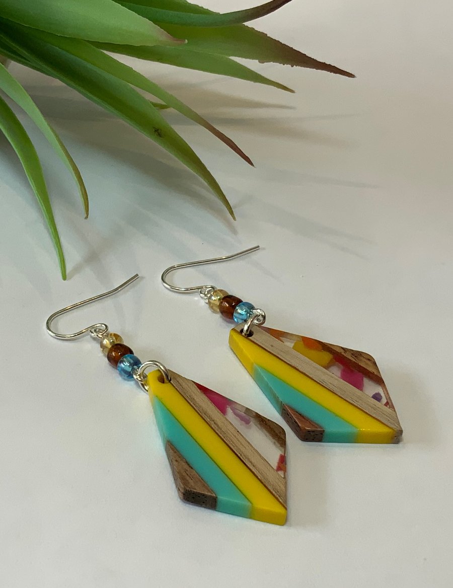 Resin & Walnut Rhombus Earrings