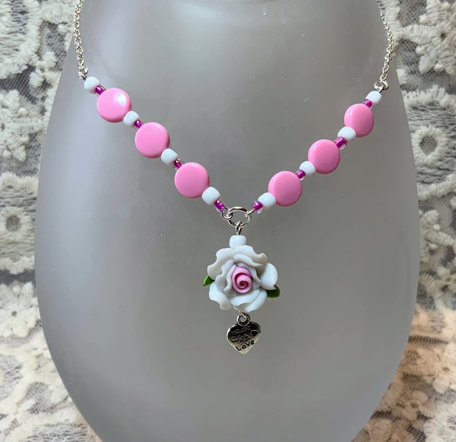 Child's White & Pink Rose Necklace