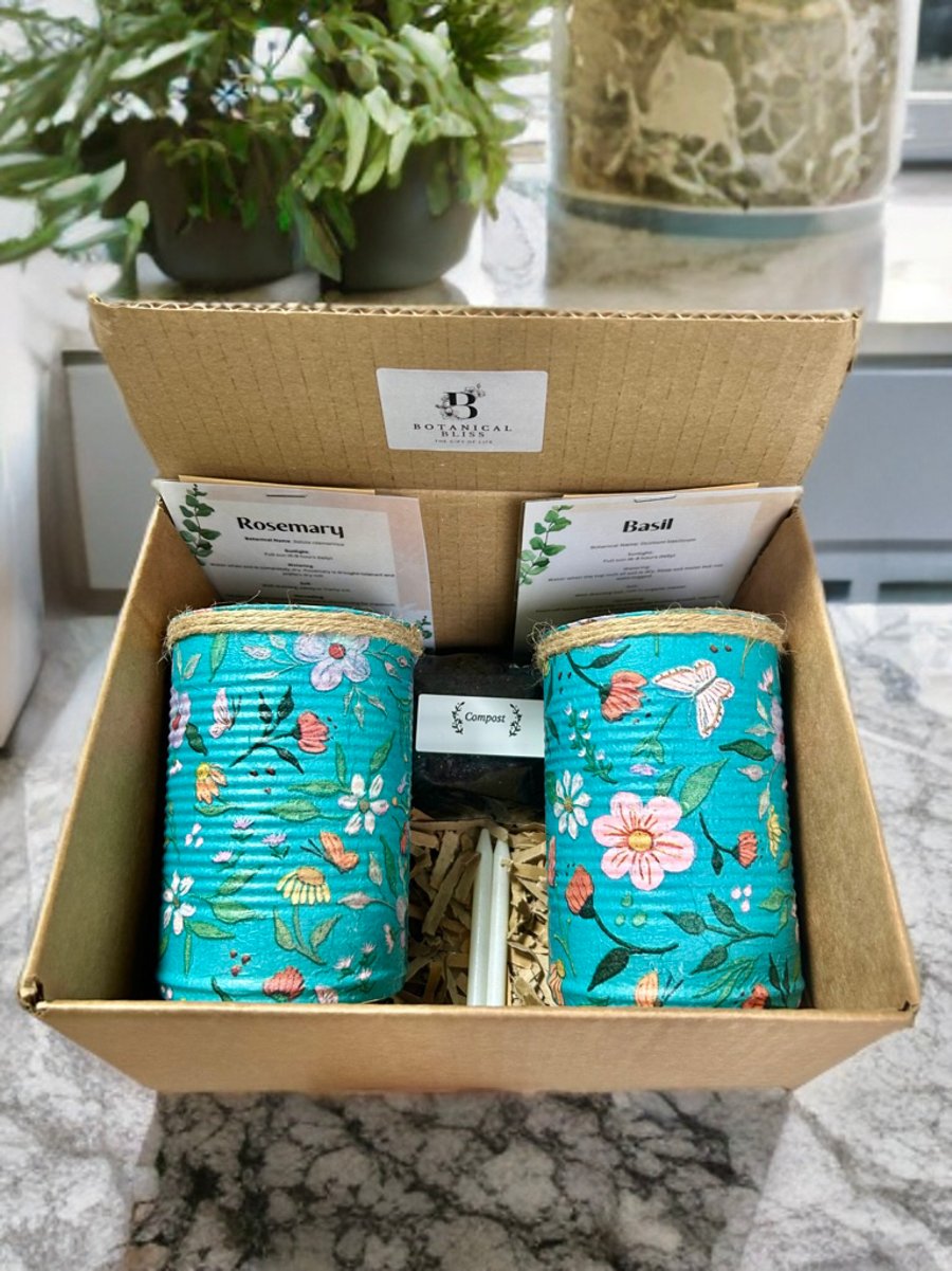 Grow your own herbs gift set indoor house planters Teal Japanese inspired pots