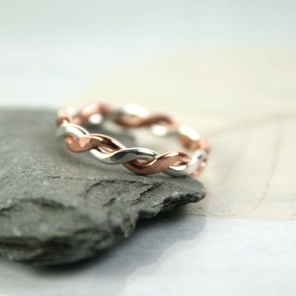 Silver Copper Twist Ring - 1.5mm wire, 3.5mm wide Hammered Rope Ring