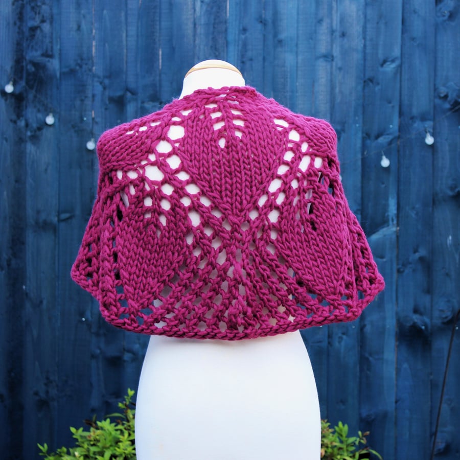 Chunky hand knit lace shawl in vintage rose 100% wool - design SB168
