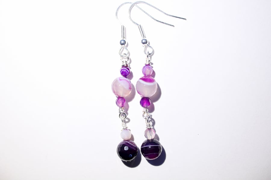 Purple banded agate faceted bead dangle earrings, Silver wire wrapped jewellery 