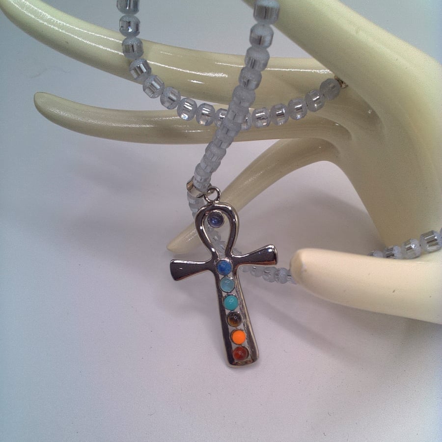 Silver Cross Chakra Pendant on a Blue Grey Beaded Choker Necklace, Gift for Her