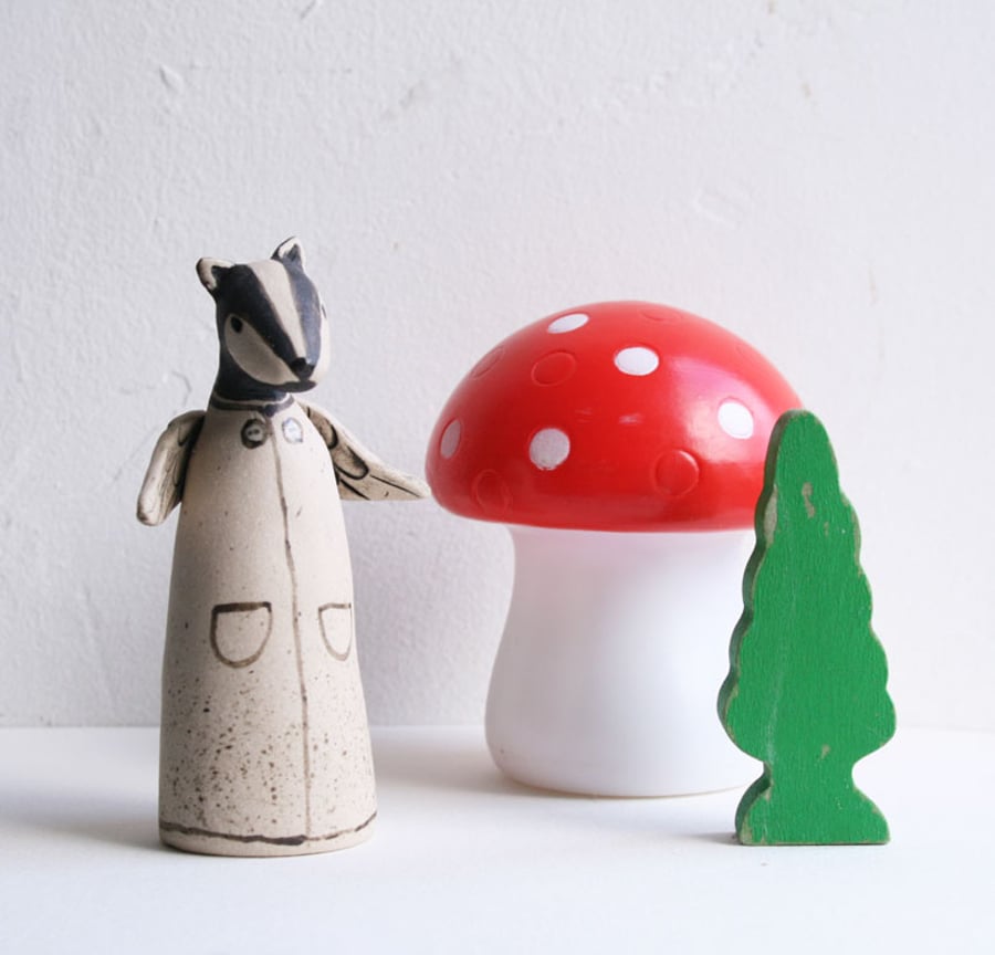 Winged woodland beastie - Brock the Badger - ceramic sculpture