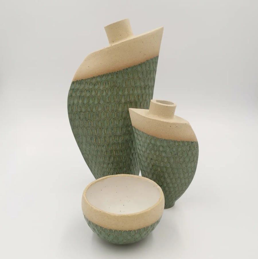 Fish Scale Vases and Bowl, prices from 