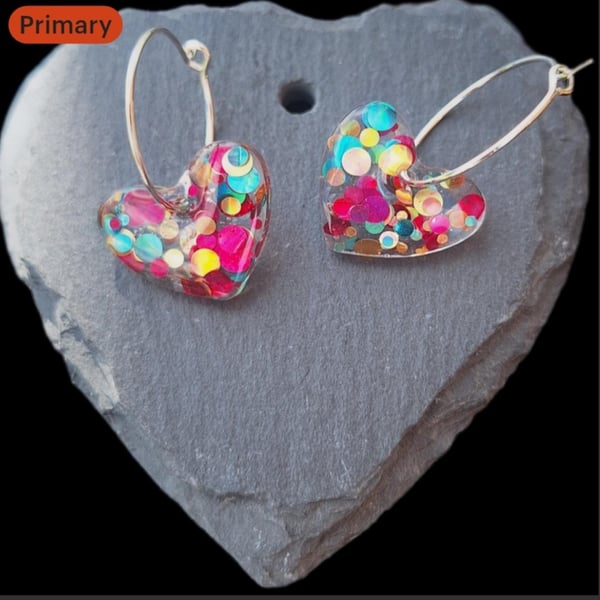 .Confetti Glitter filled resin heart earrings.