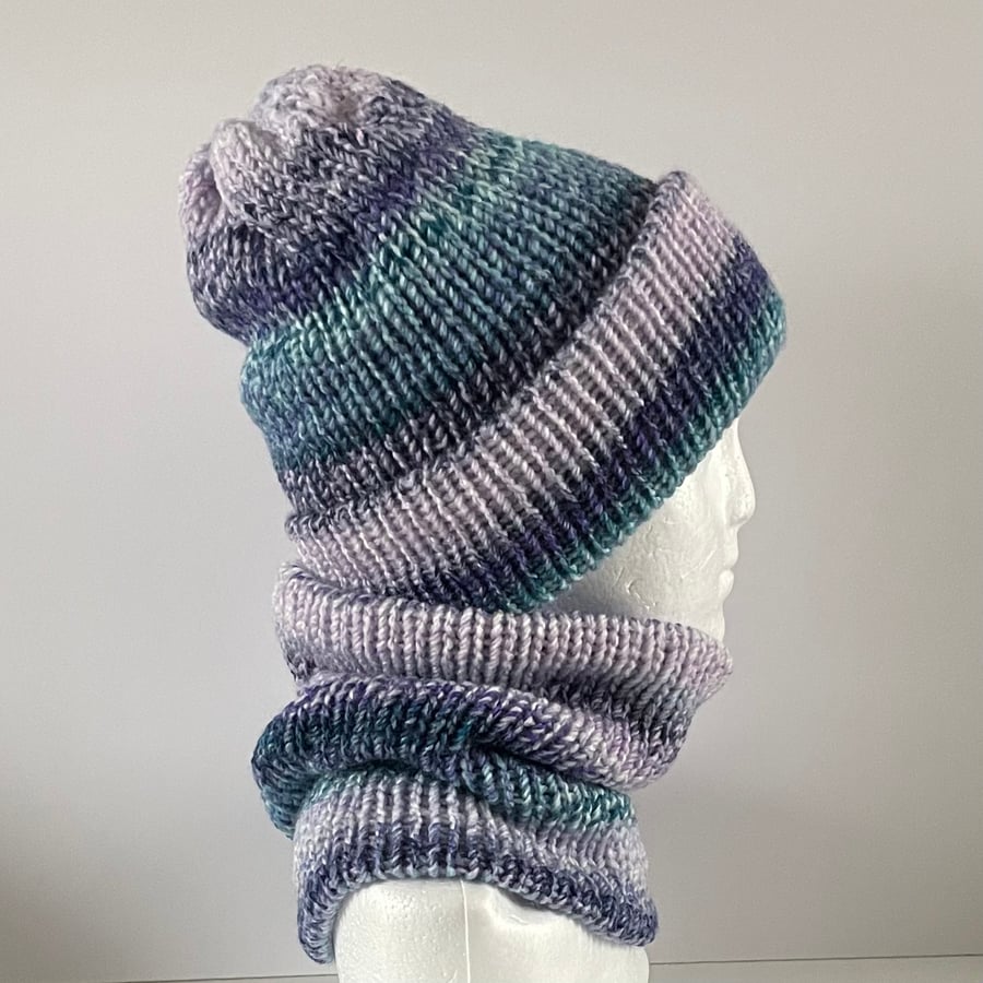 Blue Winter Hat and Neck Warmer Gift Set, Reversible Double Layered 