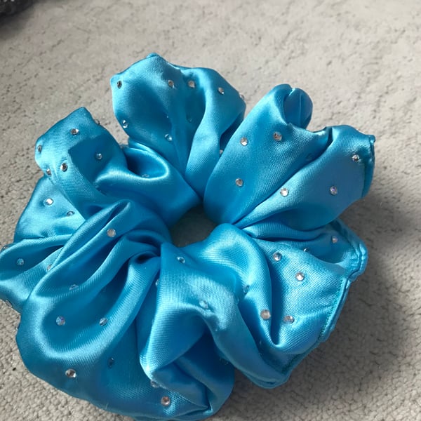 Large diamanté blue silk scrunchie