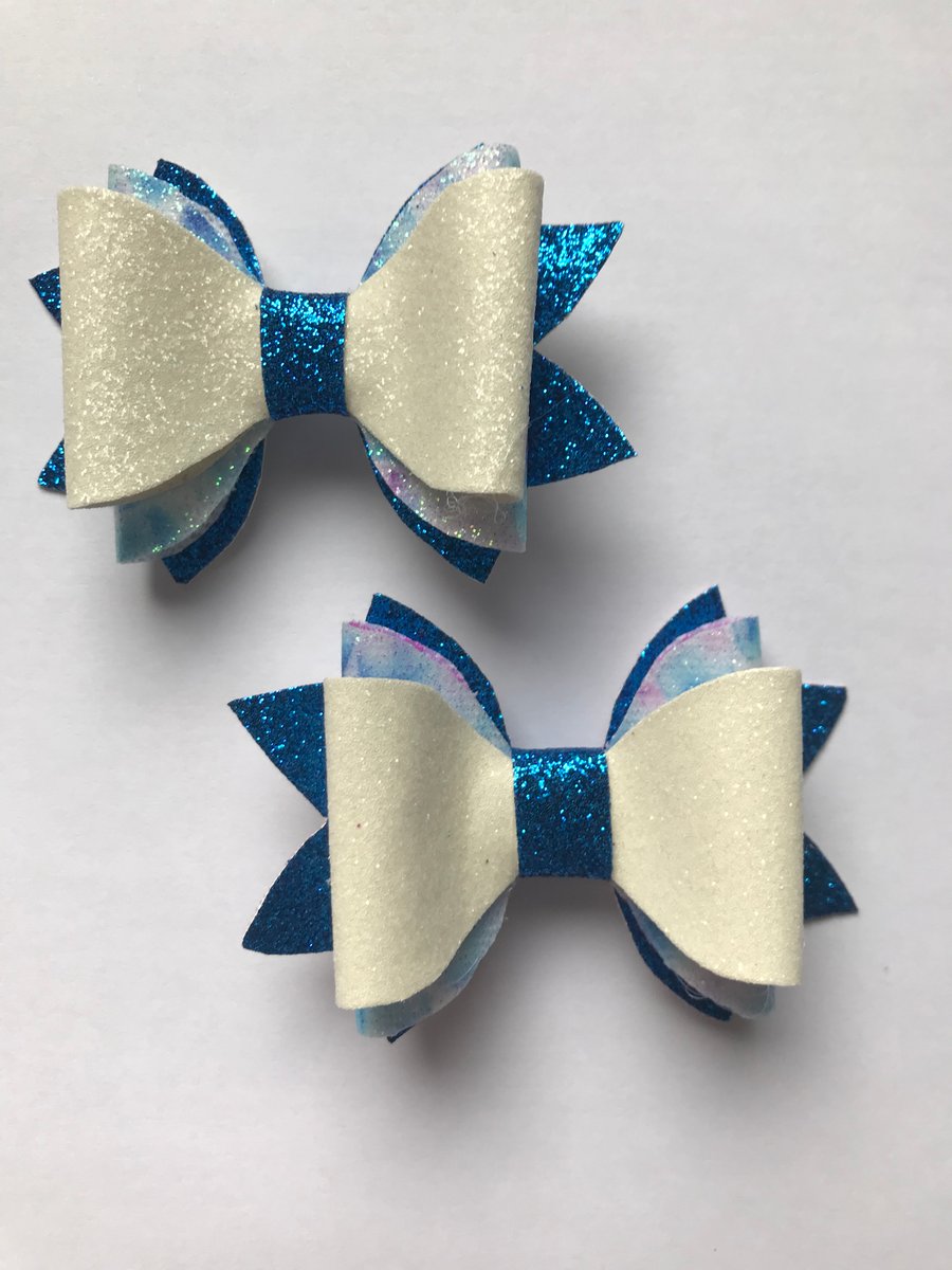 Set of 2 blue iridescent glitter hair bows faux leather 