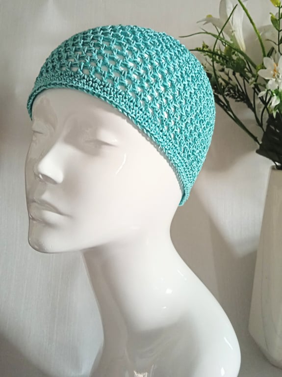 Sparkly Turquoise Crochet Mesh Skull Cap