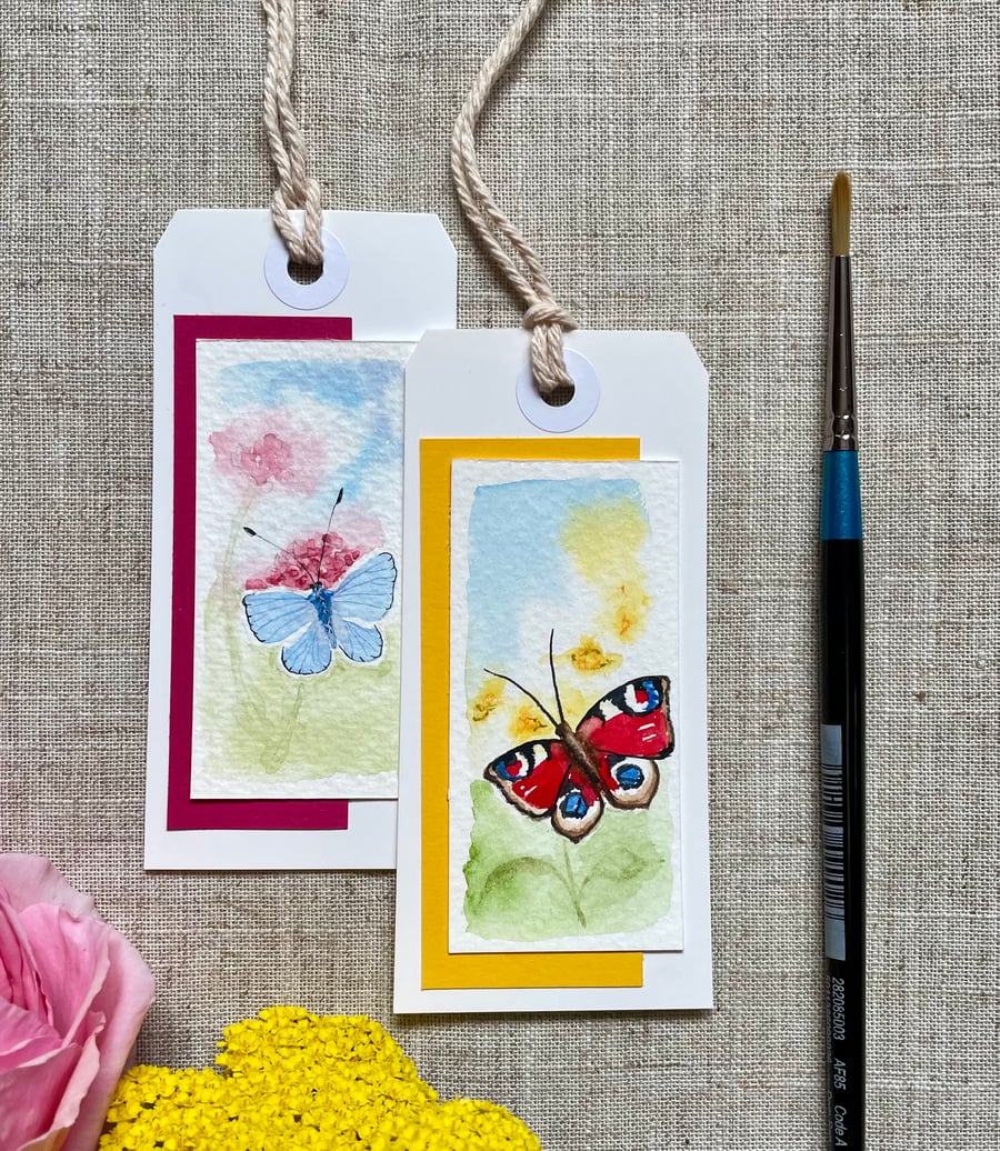 Pair of Hand painted butterfly gift tags, summer gift tags.