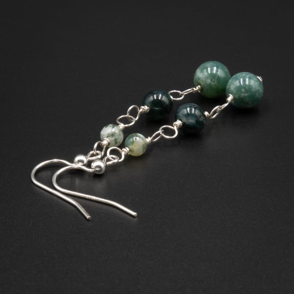 Moss agate and sterling silver gemstone link earrings, Taurus, Gemini jewelry