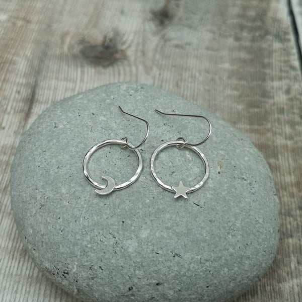 Sterling Silver Star and Moon Celestial Circle Hoop Earrings