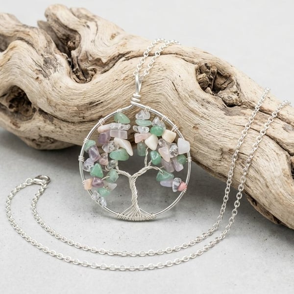 Mixed Gemstone Tree Of Life Necklace