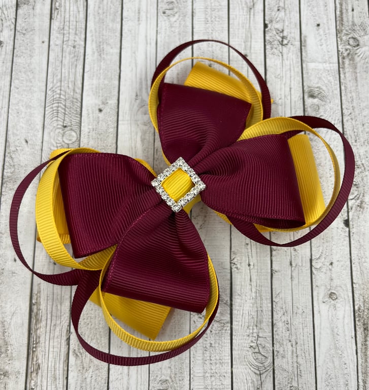 Large 5 inch Wine and Yellow Gold Double Layer Bow with Double Loops