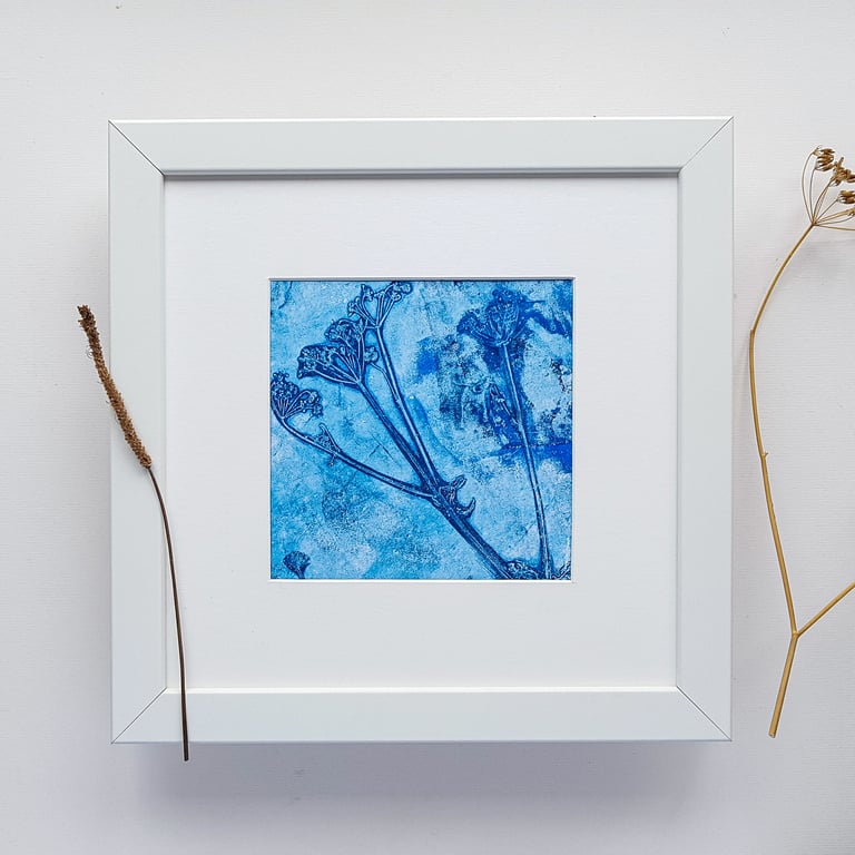 Framed Original Botanical Art, Mixed Media painting of Cow Parsley in blues 