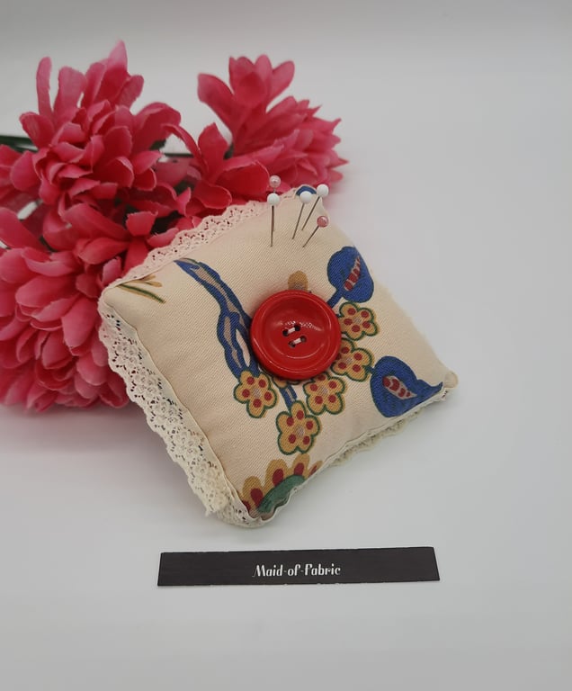 Pin cushion in cream with lace trim upcycled fabric. Free uk delivery. 