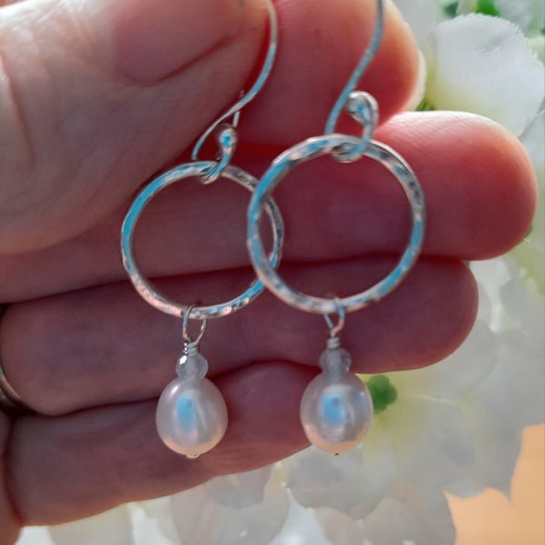   Argentium Silver hoop Earrings With Pearls and Aquamarine