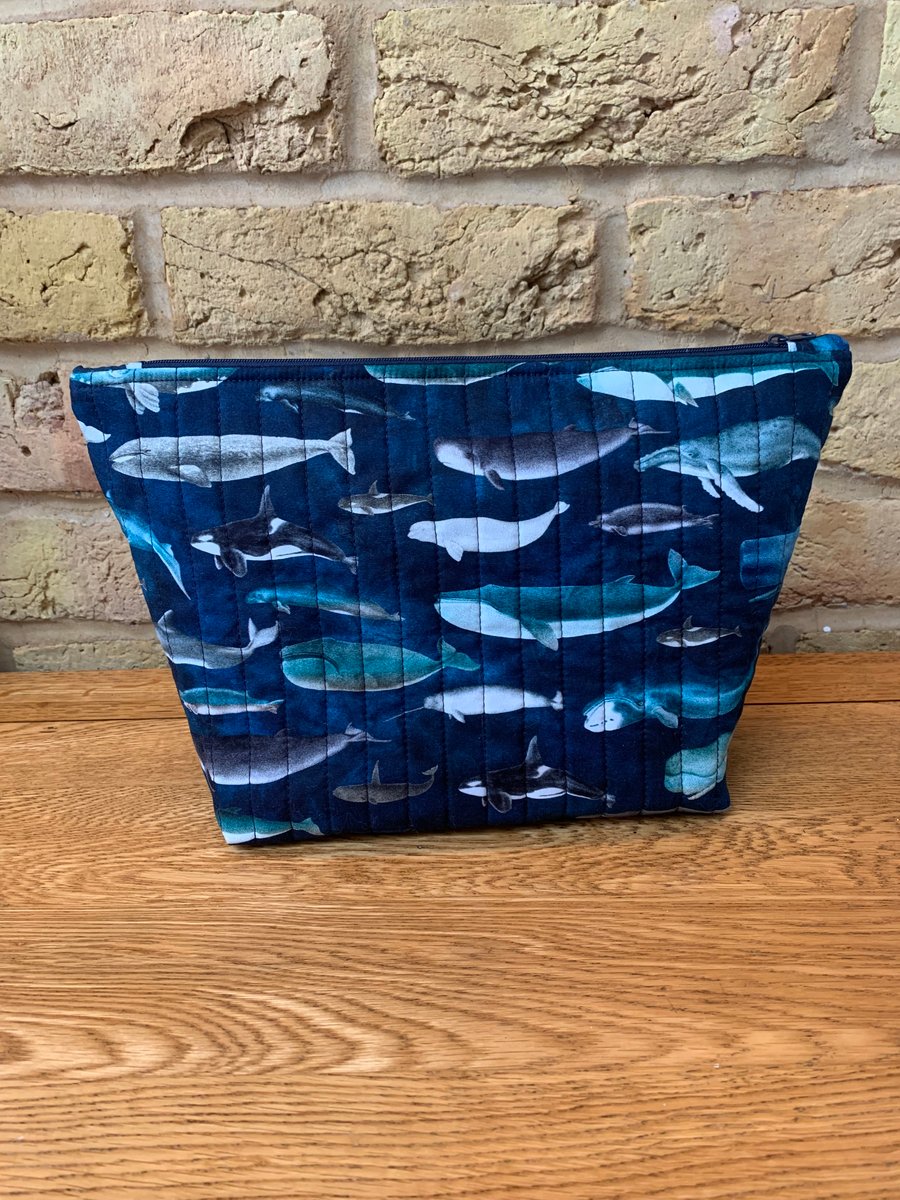 Whale Print Fabric Quilted Wash Bag