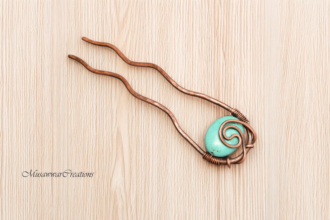 Wire Wrapped Copper Hair Fork with Turquoise, Handcrafted Hair Pin for Buns