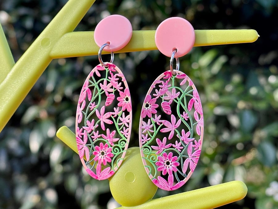 FLOWER NEON EARRINGS cyber green enamel floral filigree cool gift for he