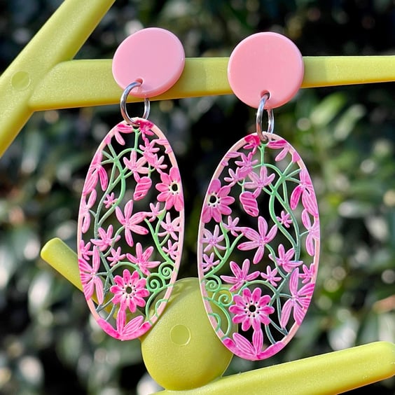 FLOWER NEON EARRINGS cyber green enamel floral filigree cool gift for he
