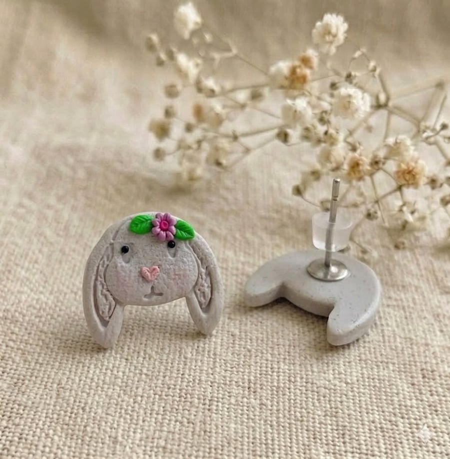 Grey Bunny Stud Earrings - Handmade Easter Rabbit Jewellery