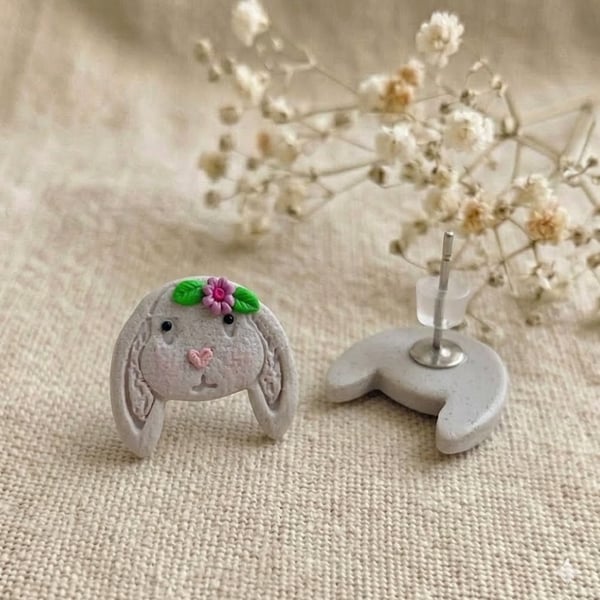 Grey Bunny Stud Earrings - Handmade Easter Rabbit Jewellery