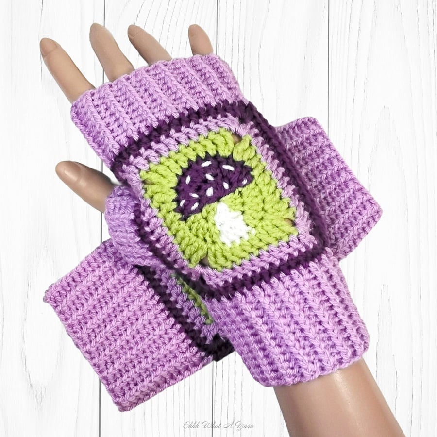 Crochet gloves, lilac and purple toadstool gloves mushroom fingerless gloves. 
