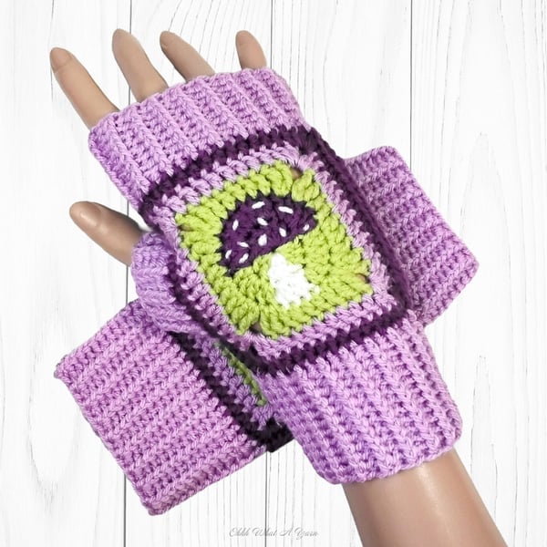 Crochet gloves, lilac and purple toadstool gloves mushroom fingerless gloves. 