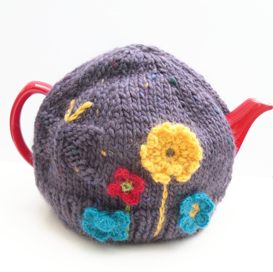 Purple Tea Pot Cover with crochet flowers