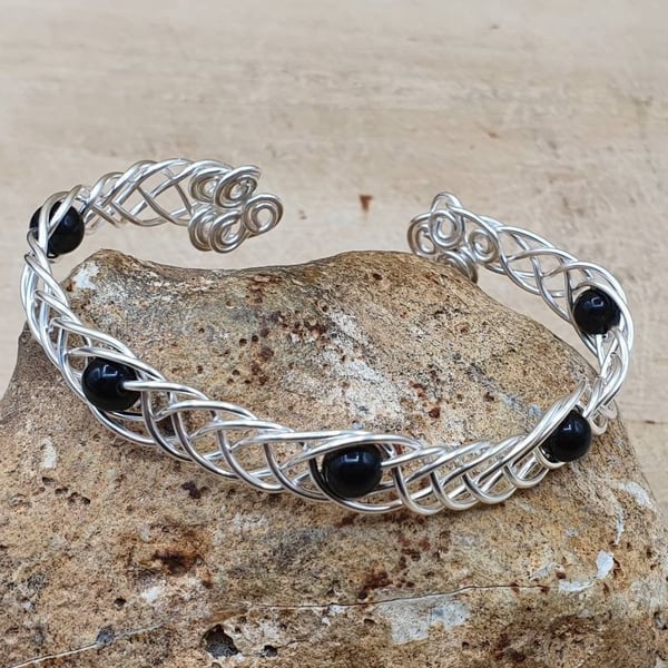 Adjustable Wire wrap Black Onyx cuff bracelet. December Birthstone