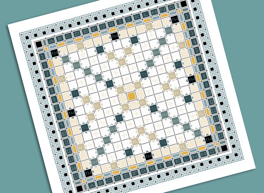 221D Cross Stitch chart Scrabble Erudite Game Board full size Tiles Quaker Sampl