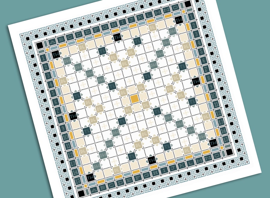 221D Cross Stitch chart Scrabble Erudite Game Board full size Tiles Quaker Sampl