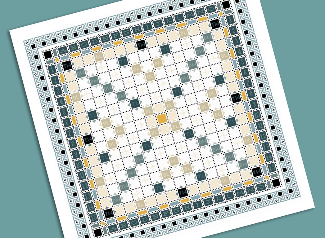 221D Cross Stitch chart Scrabble Erudite Game Board full size Tiles Quaker Sampl