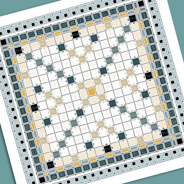 221D Cross Stitch chart Scrabble Erudite Game Board full size Tiles Quaker Sampl