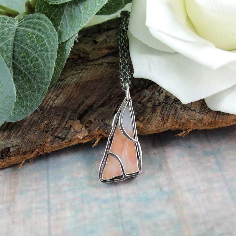 Necklace, Burnt Orange and Sterling Silver Stained Glass Effect Pendant