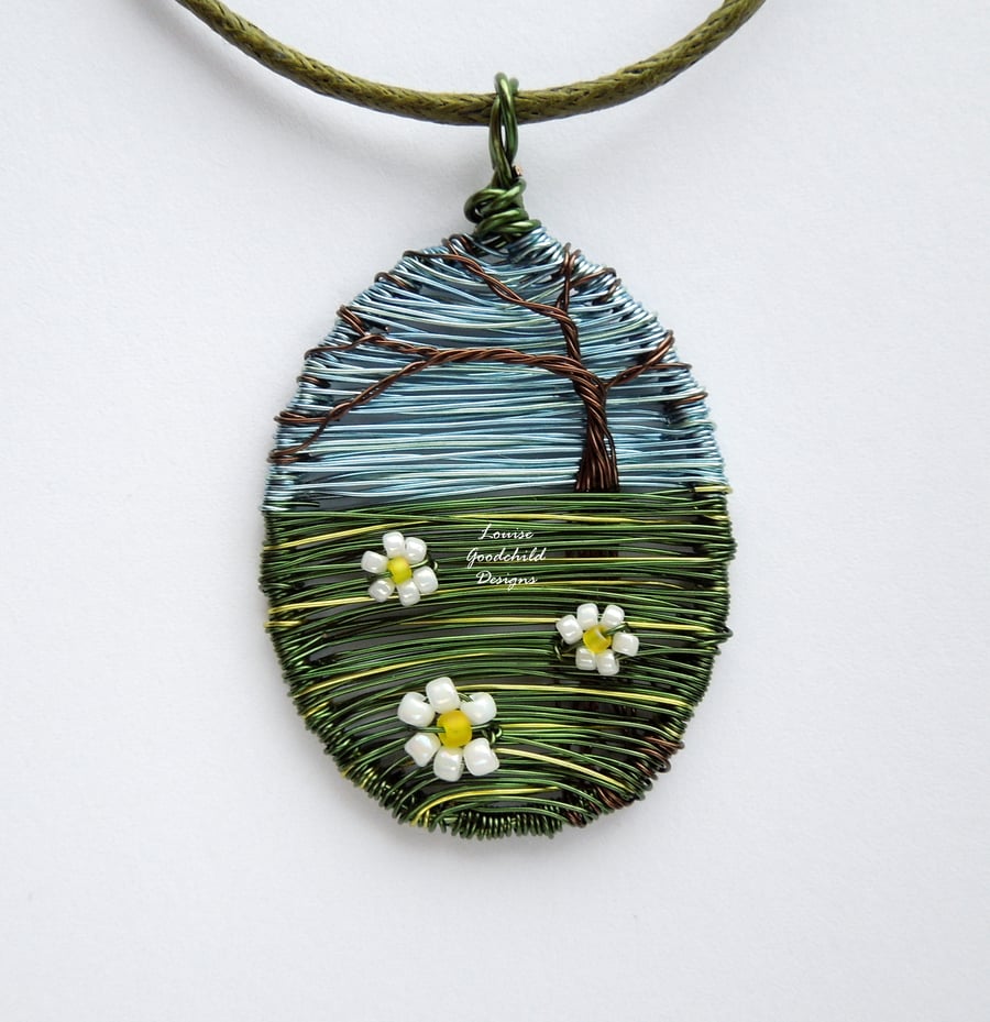 Daisy Meadow wire flower tree scene necklace, unique wearable wire art
