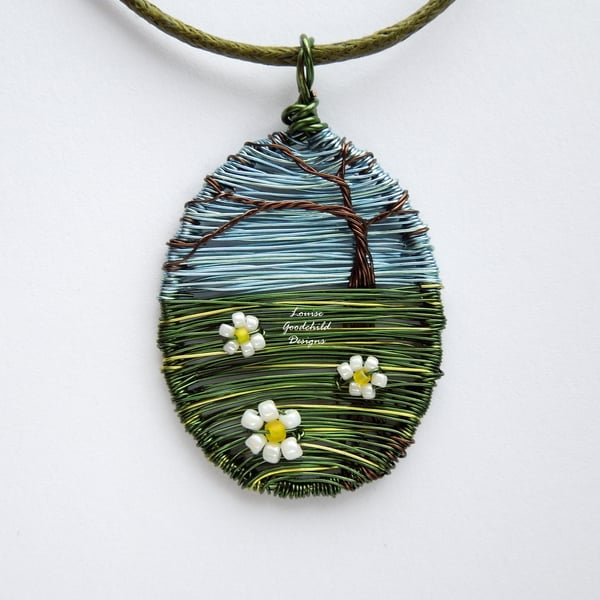 Daisy Meadow wire flower tree scene necklace, unique wearable wire art