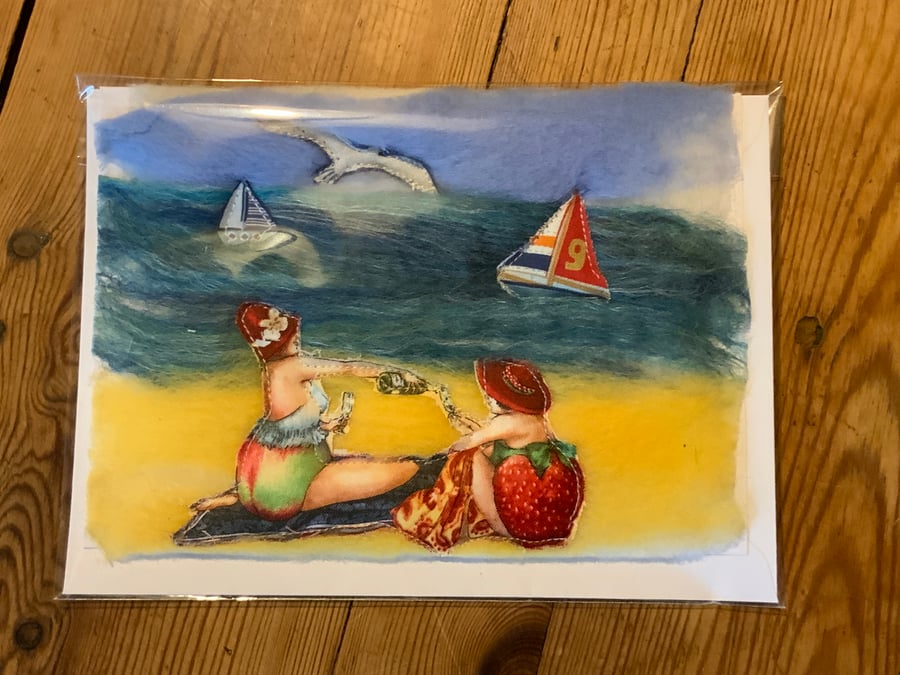 Beach ladies cards. 2 Felted beach scene with fruity beach ladies. Blank inside.