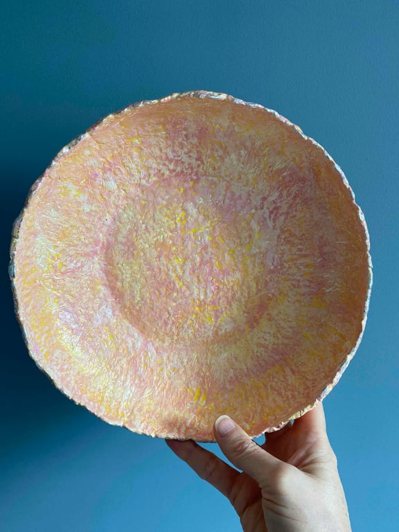 Handmade decorative paper mache fruit bowl, textured eco sustainable centrepiece