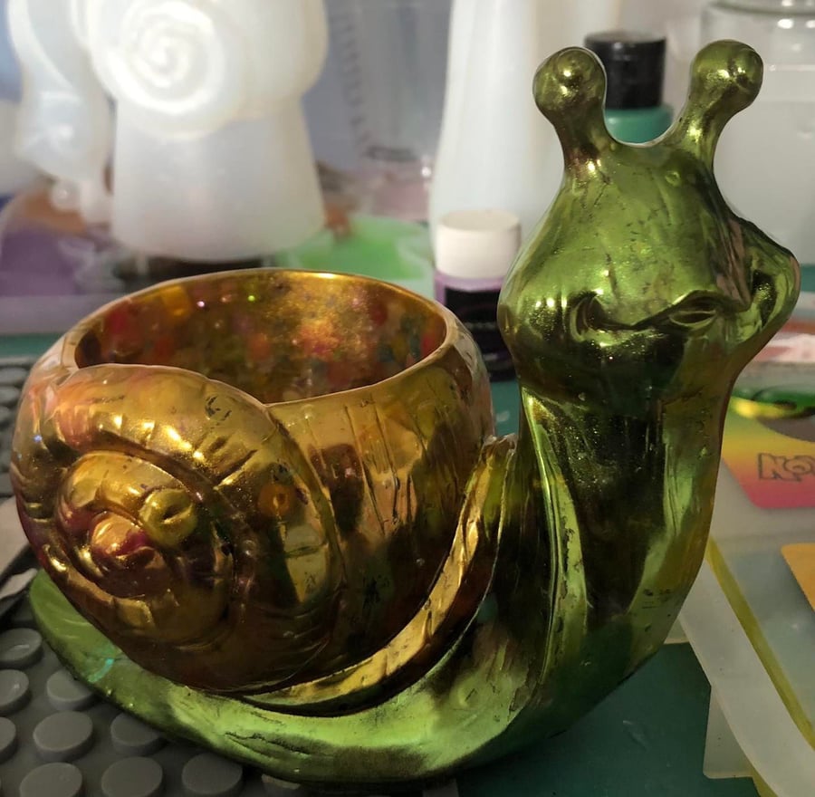 Gold and Green Metallic Resin Snail Planter