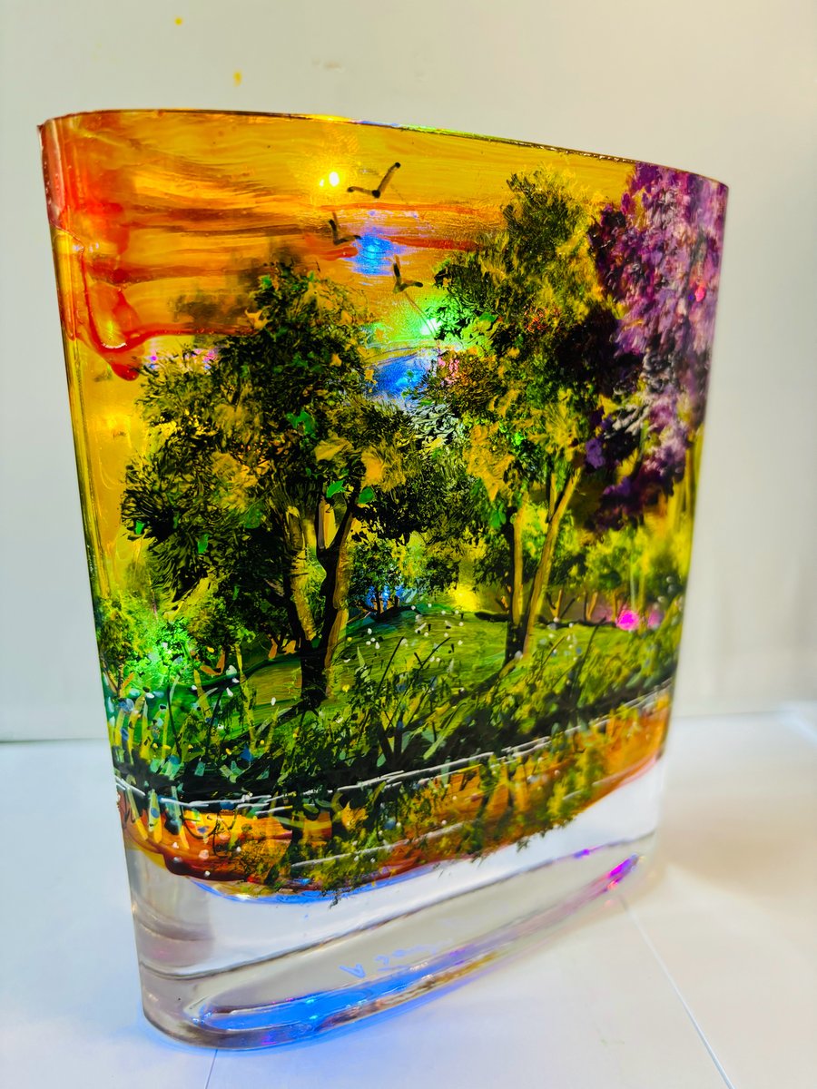 A hand painted and fired glass vase by Andrew Jenkins 