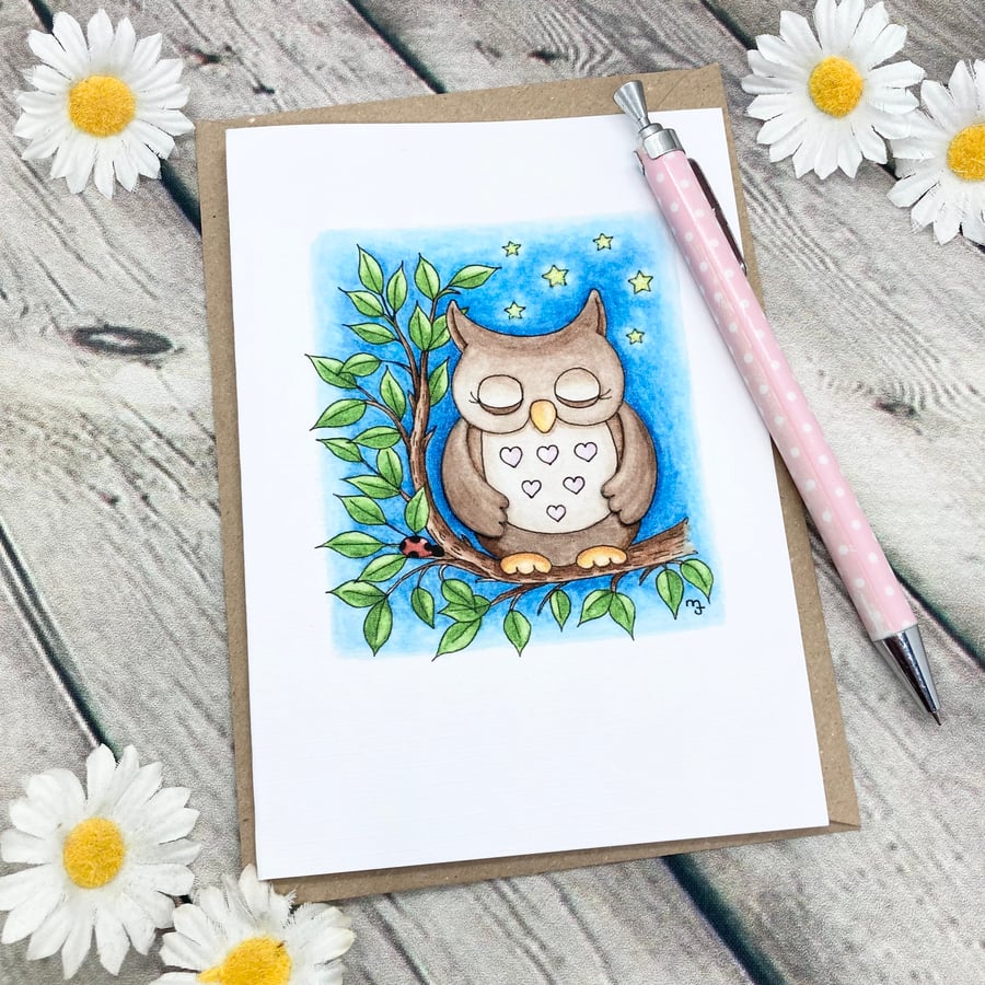 Sleepy Owl Card - Blank Card - Any Occasion - Cute Birthday Card