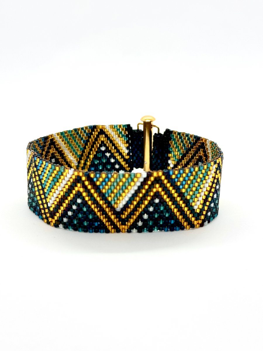 Handmade Geometric Peyote Beaded Cuff Bracelet 